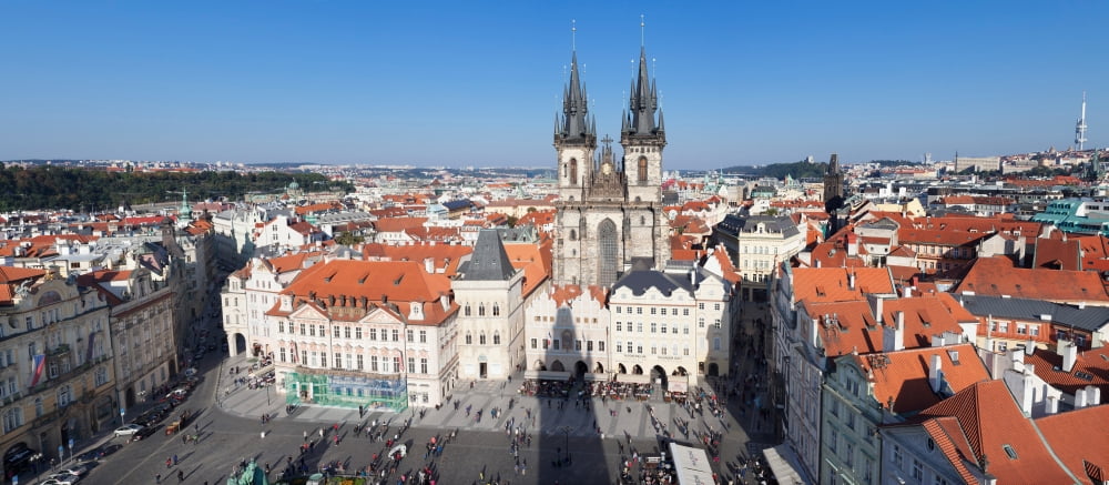 Aerial view of Jan Hus Memorial and Tyn Church Prague Old Town Square Prague Czech Republic Canvas Art - Panoramic Images (36 x 12)