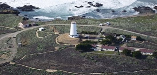 Aerial view of Piedras Blancas Lighthouse on the coast San Luis Obispo County California USA Canvas Art - Panoramic Images (24 x 12)