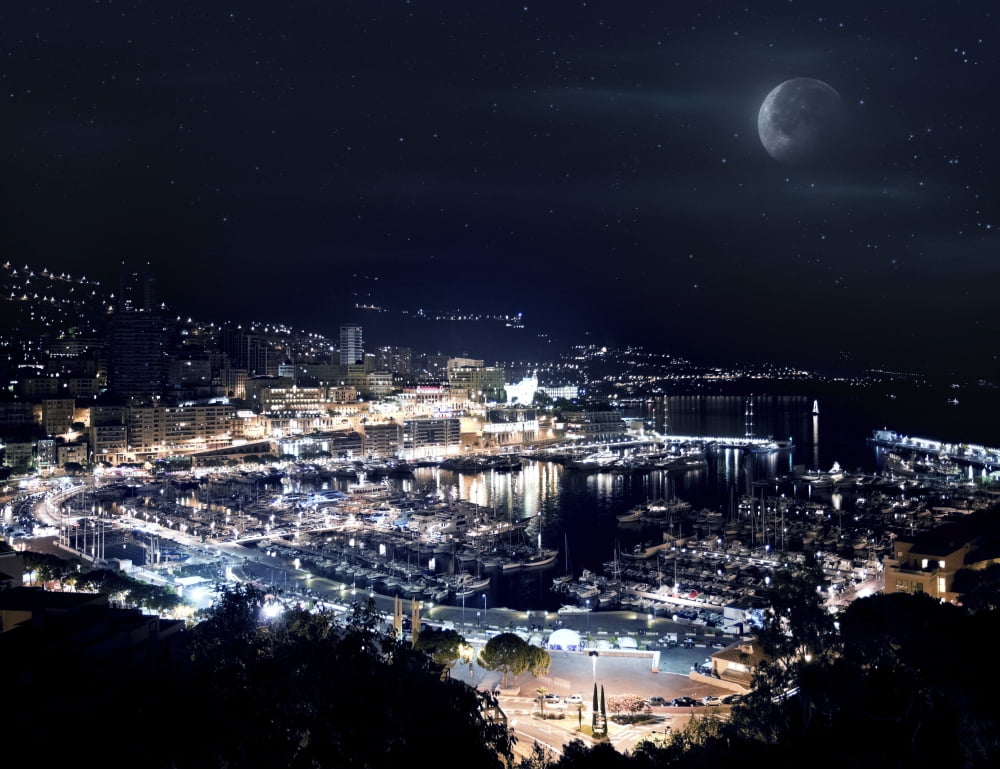 Aerial view of Port Hercules in Monaco at night Canvas Art - Evgeny KuklevStocktrek Images (17 x 13)