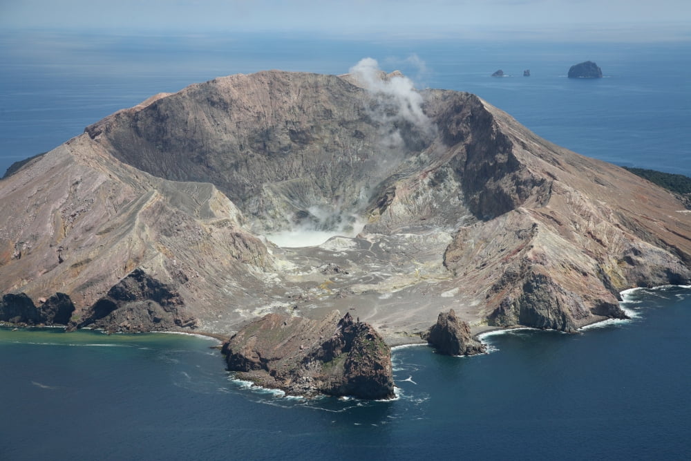 Aerial view of White Island volcano with central acidic crater lake Bay of Plenty New Zealand Canvas Art - Richard RoscoeStocktrek Images (18 x 12)