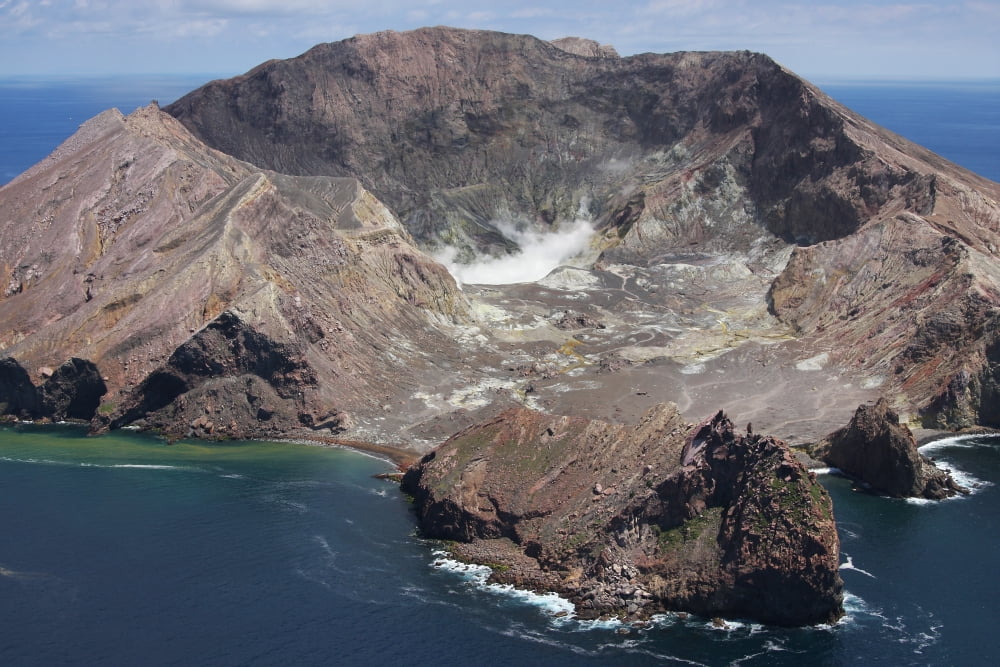 Aerial view of White Island volcano with central acidic crater lake Bay of Plenty New Zealand Canvas Art - Richard RoscoeStocktrek Images (18 x 12)