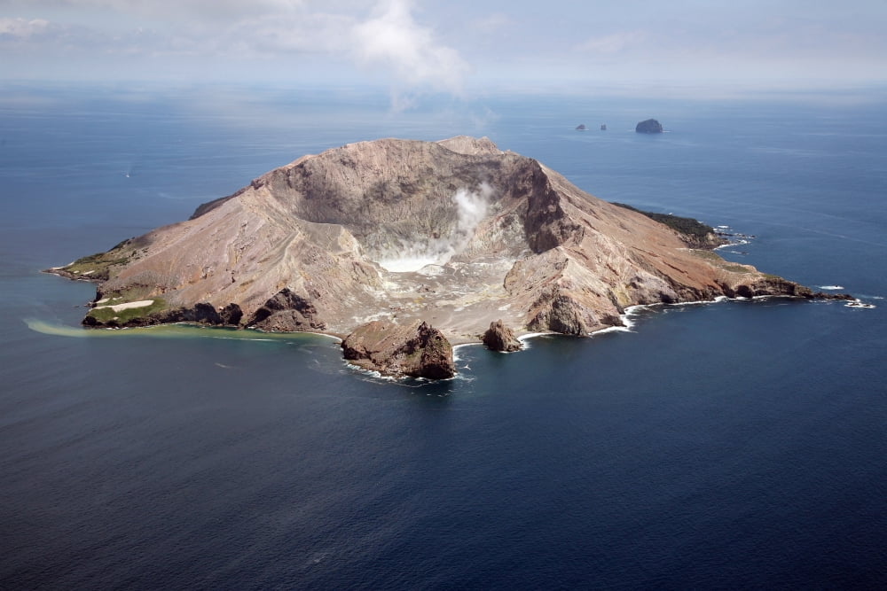 Aerial view of White Island volcano with central acidic crater lake Bay of Plenty New Zealand Canvas Art - Richard RoscoeStocktrek Images (35 x 23)