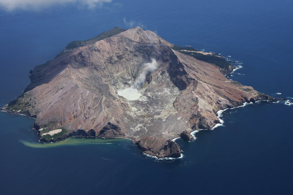 Aerial view of White Island volcano with central acidic crater lake Bay of Plenty New Zealand Canvas Art - Richard RoscoeStocktrek Images (35 x 23)