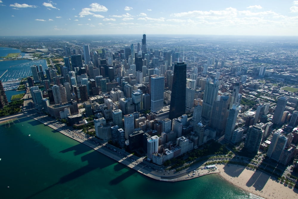 Aerial view of a city Oak Street Beach Lake Michigan Chicago Cook County Illinois USA Canvas Art - Panoramic Images (36 x 12)