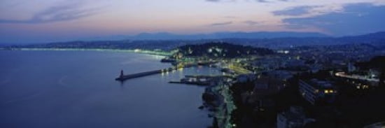 Aerial view of a coastline at dusk Nice France Canvas Art - Panoramic Images (36 x 12)