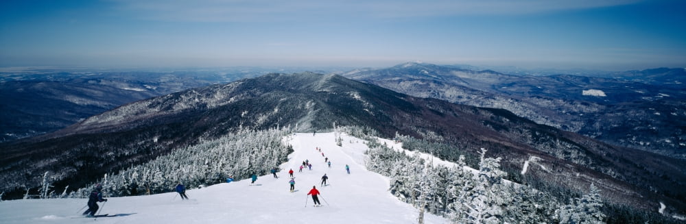Aerial view of a group of people skiing downhill Sugarbush Resort Vermont USA Canvas Art - Panoramic Images (36 x 12)