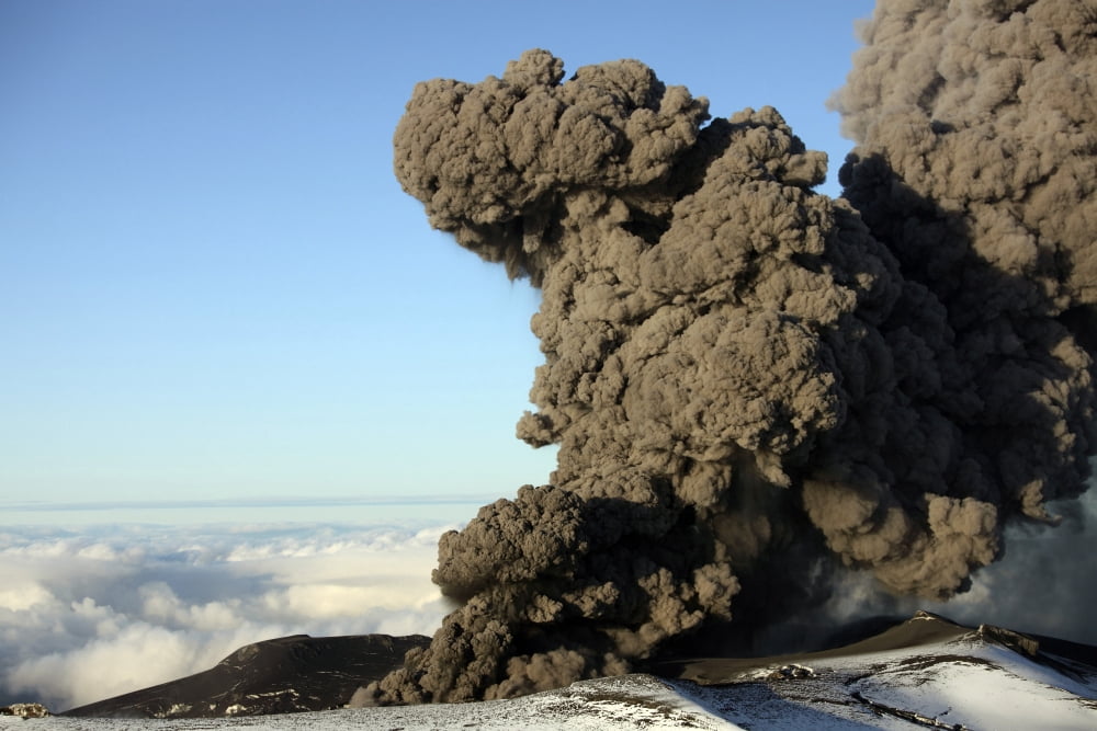 Aerial view of ash cloud eruption from Eyjafjallajokull Volcano Iceland Canvas Art - Richard RoscoeStocktrek Images (18 x 12)