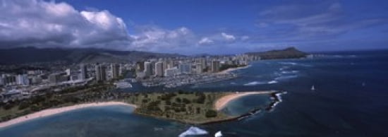 Aerial view of buildings at the waterfront Ala Moana Beach Park Waikiki Beach Honolulu Oahu Hawaii USA Canvas Art - Panoramic Images (36 x 13)