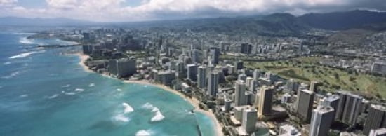 Aerial view of buildings at the waterfront Waikiki Beach Honolulu Oahu Hawaii USA Canvas Art - Panoramic Images (36 x 13)