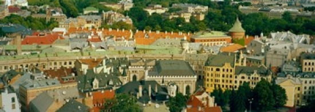 Aerial view of buildings in a city Riga Latvia Canvas Art - Panoramic Images (18 x 7)