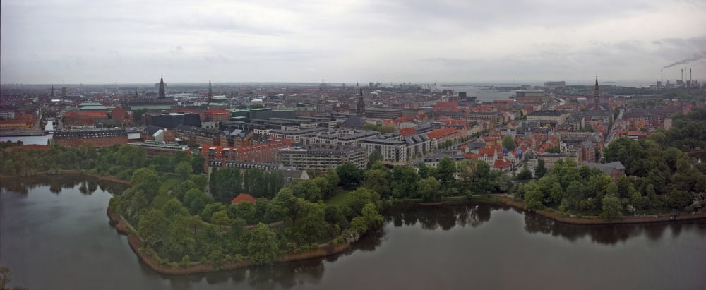 Aerial view of buildings in a city from Christianshavn Copenhagen Denmark Canvas Art - Panoramic Images (36 x 12)