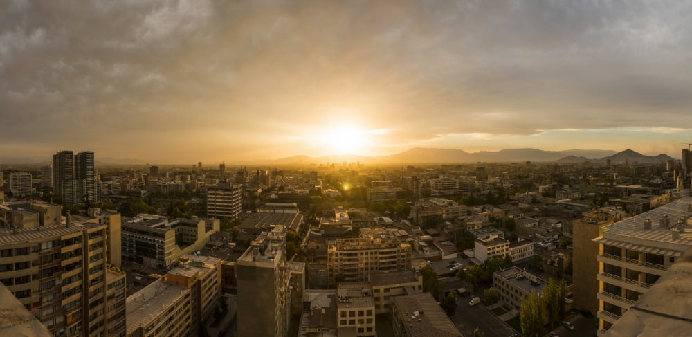Aerial view of cityscape at sunset Santiago Chile Canvas Art - Panoramic Images (27 x 9)
