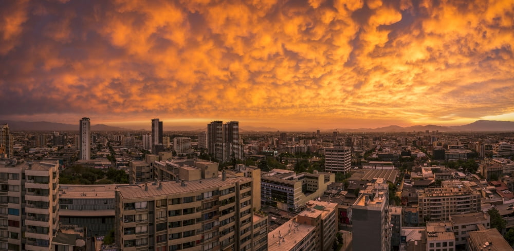 Aerial view of cityscape at sunset Santiago Chile Canvas Art - Panoramic Images (36 x 12)