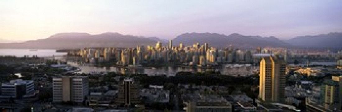 Aerial view of cityscape at sunset Vancouver British Columbia Canada 2011 Canvas Art - Panoramic Images (18 x 6)