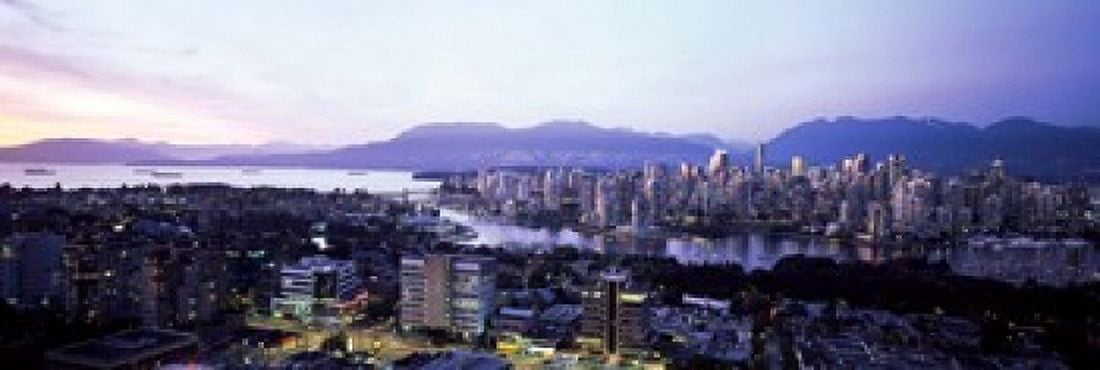 Aerial view of cityscape at sunset Vancouver British Columbia Canada 2011 Canvas Art - Panoramic Images (18 x 6)