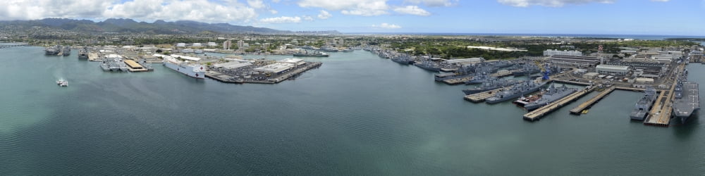 Aerial view of military ships moored at Joint Base Pearl Harbor-Hickam Hawaii Canvas Art - Stocktrek Images (55 x 14)