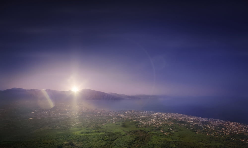 Aerial view of mountains and sea at sunset from Mount Vesuvius Italy Canvas Art - Evgeny KuklevStocktrek Images (19 x 11)