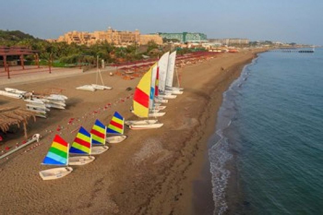 Aerial view of sailboats on the beach Belek Antalya Turkey Canvas Art - Ali Kabas DanitaDelimont (25 x 17)