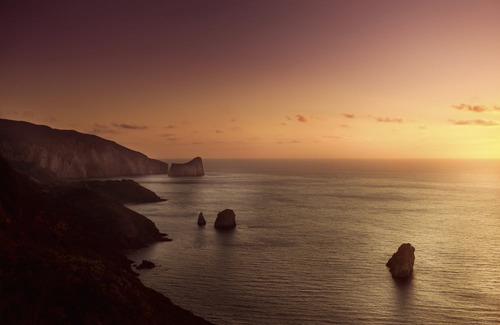 Aerial view of sea and mountains at sunset Nebida Sardinia Italy Canvas Art - Evgeny KuklevStocktrek Images (18 x 12)