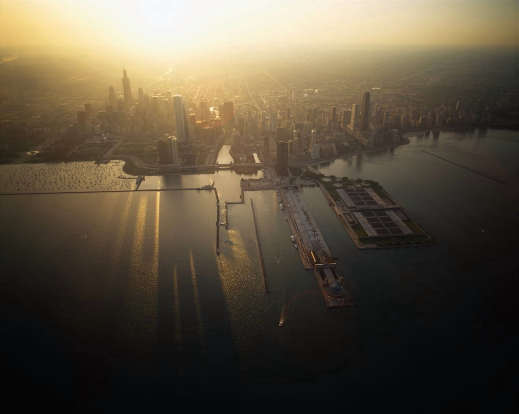 Aerial view of sunrise over a cityscape Chicago Illinois USA Canvas Art - Panoramic Images (29 x 36)