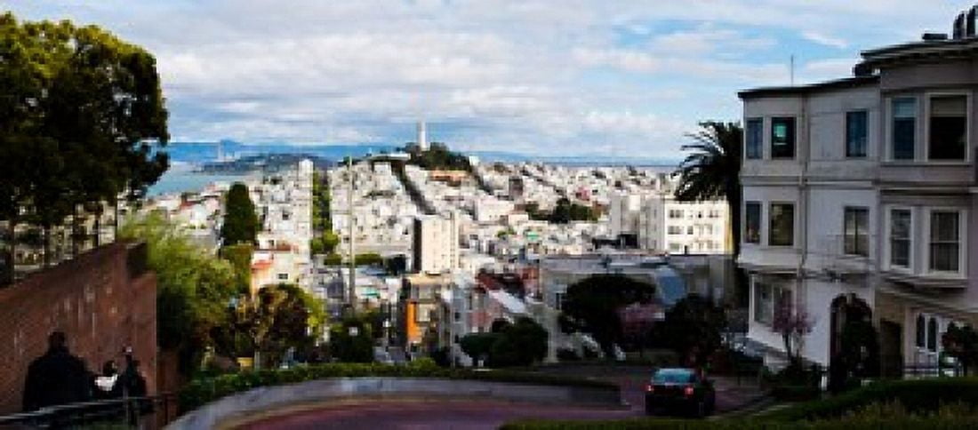 Aerial view of the Lombard Street Coit Tower Bay Bridge San Francisco California USA Canvas Art - Panoramic Images (15 x 7)