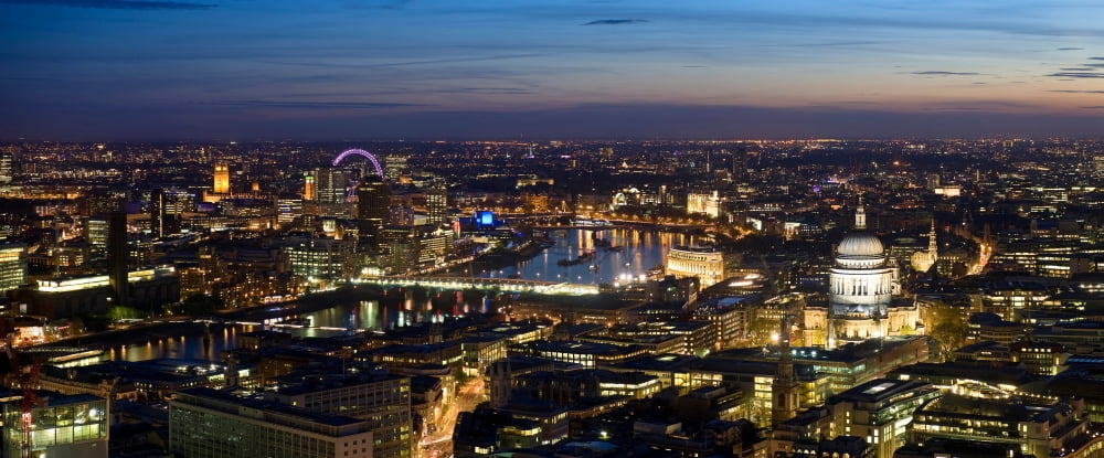 Aerial view of the city lit up at dusk London England Canvas Art - Panoramic Images (36 x 12)