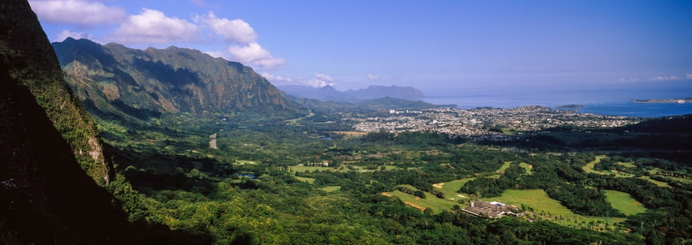 Aerial view of the coast Na Pali Coast Kaneohe Bay Oahu Hawaii USA Canvas Art - Panoramic Images (36 x 12)