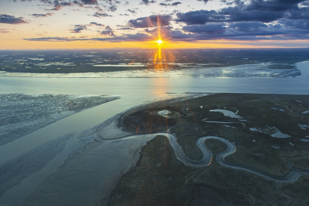 Aerial view of the sunset over the mouth of the Kvichak River Bristol Bay Southwestern Alaska Canvas Art - Carl Johnson Design Pics (19 x 12)