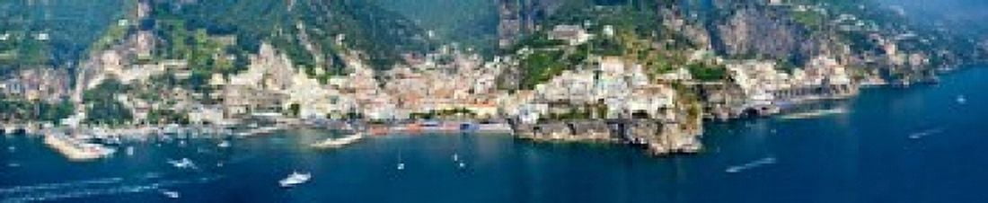 Aerial view of towns Amalfi Atrani Amalfi Coast Salerno Campania Italy Canvas Art - Panoramic Images (24 x 5)