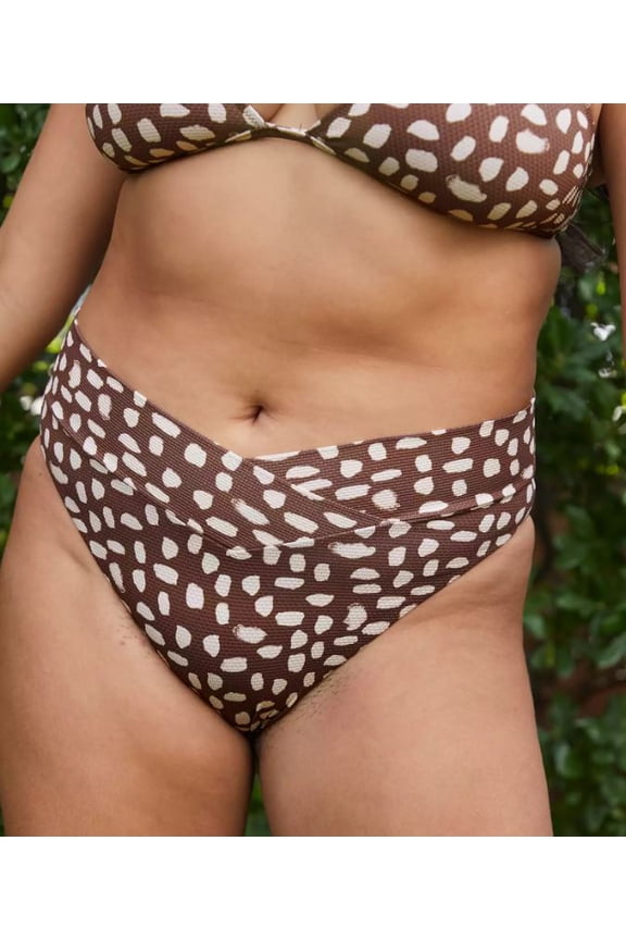 Women's Brown Pique Crossover High Cut Cheeky Bikini Bottom, XS
