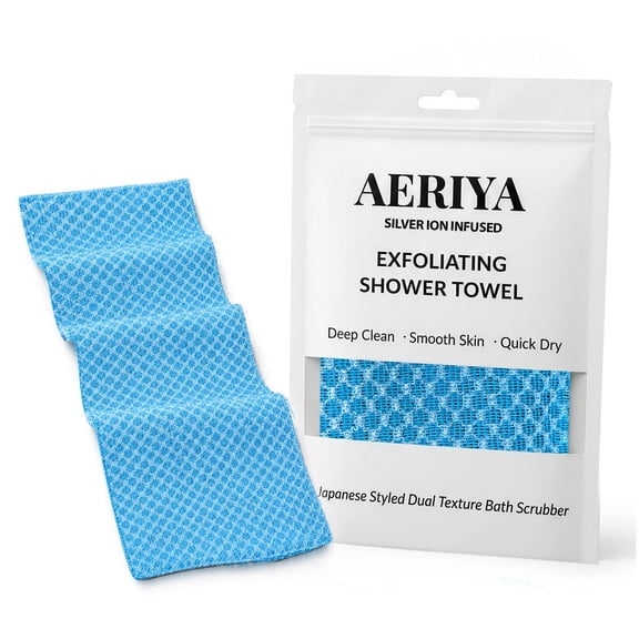 Aeriya Exfoliating Washcloth – Long Japanese-Style Back Scrubber for Shower, 2-Sided Body Scrub Exfoliating Towel, Quick Dry Bath Cloth for Men & Women, Blue