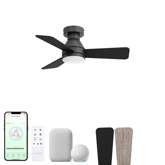 Aero 32in 3-Blade Smart Flush Mount Fan 2700K-6000K CCT Tunable Range LED Light Kit with Remote Control and Black Hardware with Reversible Blades Weathered Wood or Black Works With iOS or Android App
