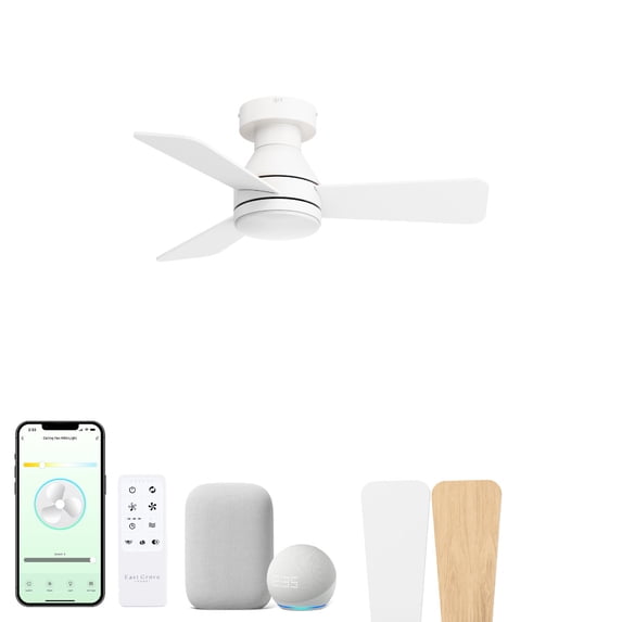 Aero 32in 3-Blade Smart Flush Mount Fan 2700K-6000K CCT Tunable Range LED Light Kit with Remote Control and White Hardware with Reversible Blades Natural Wood or White Works With iOS or Android App