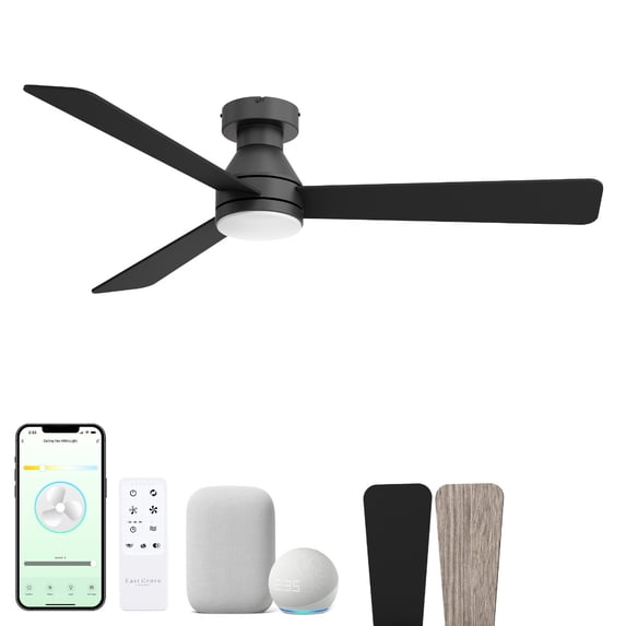 Aero 52in 3-Blade Smart Flush Mount Fan 2700K-6000K CCT Tunable Range LED Light Kit with Remote Control and Black Hardware with Reversible Blades Weathered Wood or Black Works With iOS or Android App