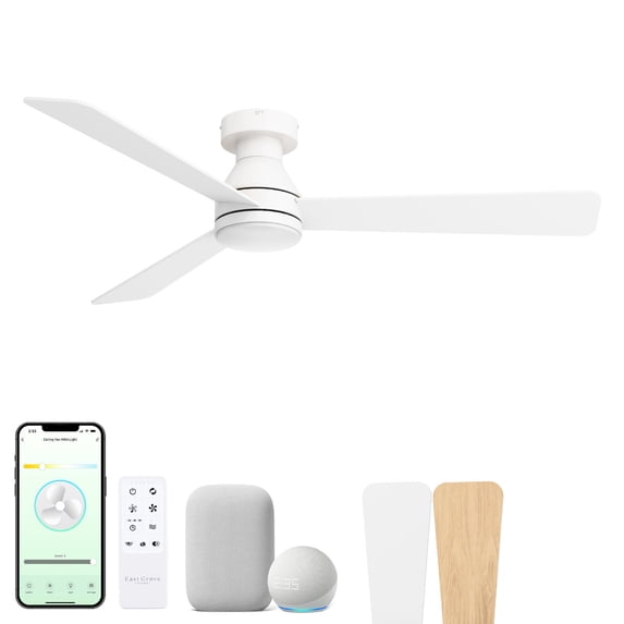 Aero 52in 3-Blade Smart Flush Mount Fan 2700K-6000K CCT Tunable Range LED Light Kit with Remote Control and White Hardware with Reversible Blades Natural Wood or White Works With iOS or Android App