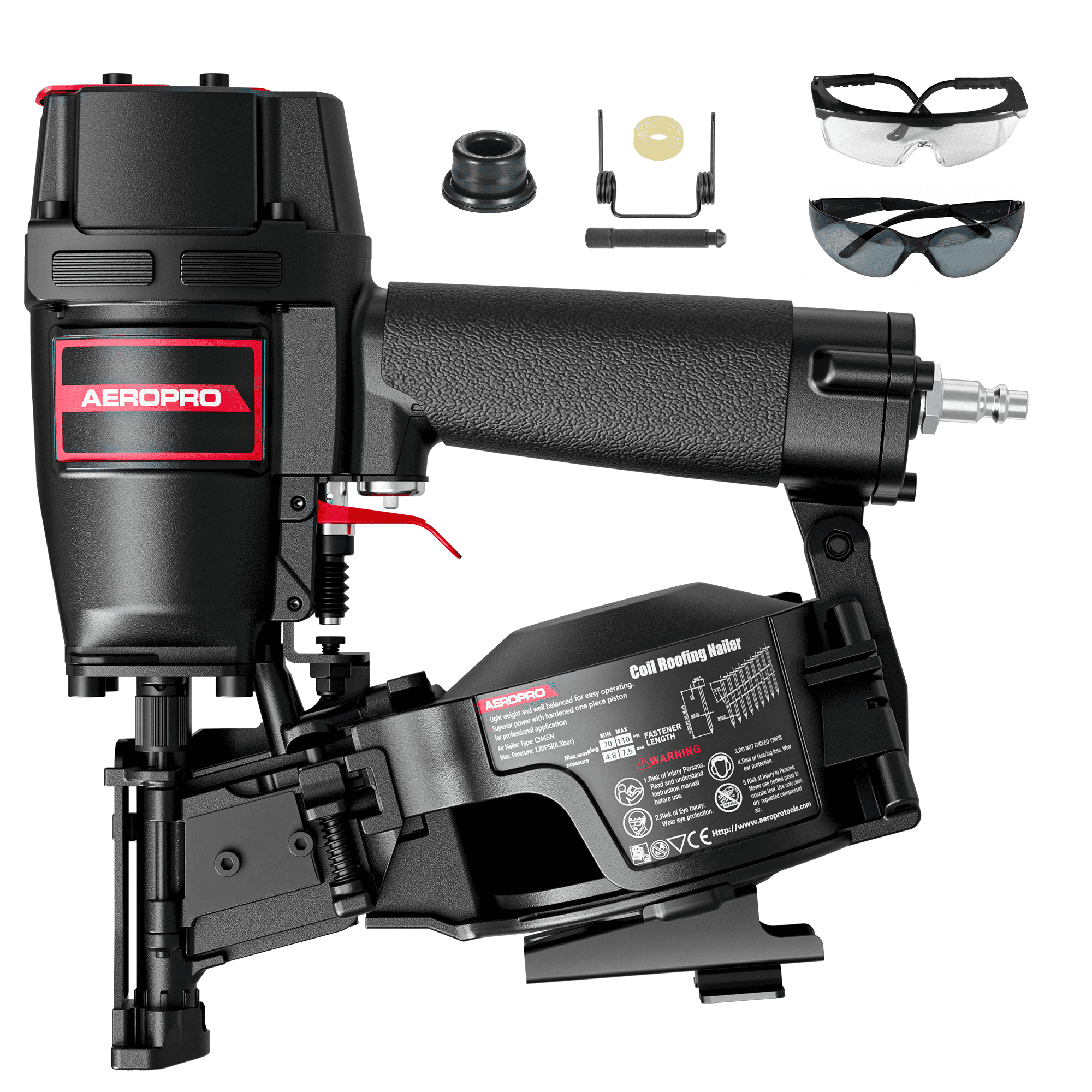 AeroPro CN45N Professional Roofing Nail Gun, Air-Powered, Compatible with 15° Wire Coil Nails from 3/4" to 1-3/4", for Asphalt Roofing Projects