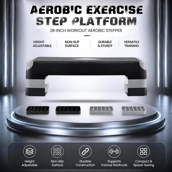 Aerobic Exercise Step Platform, 28-Inch Workout Stepper, Height Adjustable Fitness Training Deck with 4 Risers, Non-Slip Surface, Gray