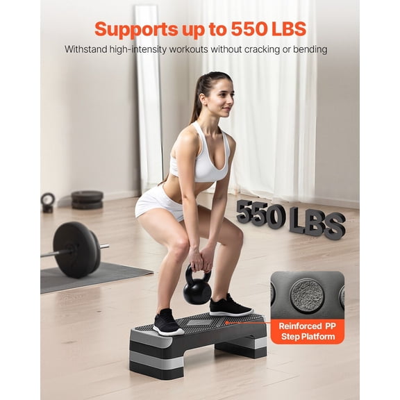Aerobic Exercise Step Platform,28-"Workout Aerobic Stepper,Height Adjustable Fitness Training Step Deck Trainer with 4 Risers,Non-Slip Surface Bench for Home Gym Cardio Strength,Gray