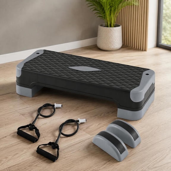 Aerobic Step Platform Set, with 2 stackable risers, balance trainers, resistance bands, gray