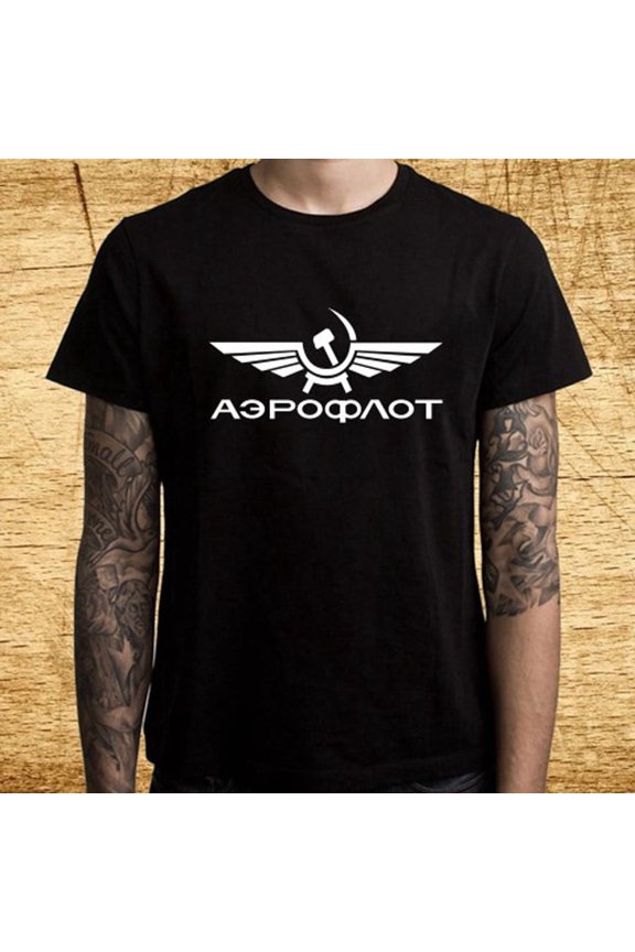 Aeroflot Airline Men's Black T-Shirt Size S-5XL