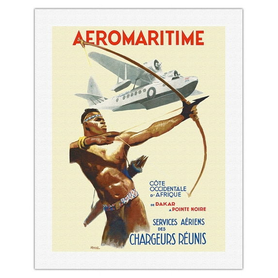 Aeromaritime - West Coast of Africa Dakar Senegal to Pointe Noire Congo - Vintage Airline Travel Poster by Albert Brenet c.1937 - Fine Art Rolled Canvas Print 20in x 26in