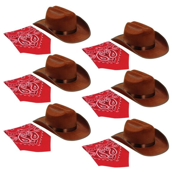 Aeromax Junior Cowboy Hat with Bandanna 6 piece party pack. Brown.