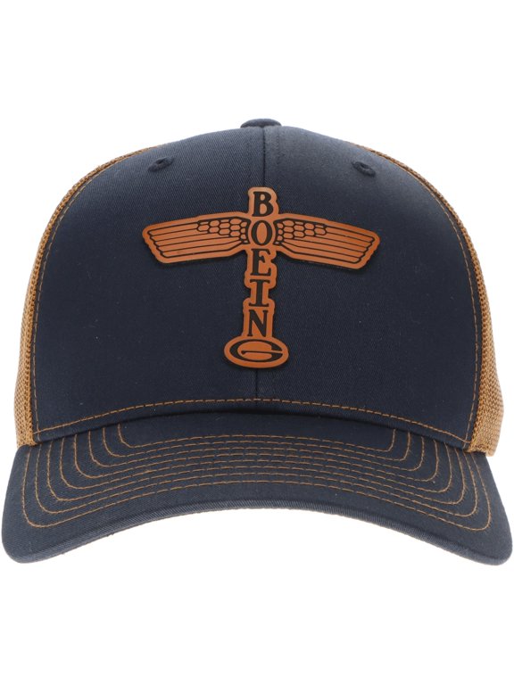 Boeing Airplane Company Logo Trucker Hat with Buckskin Leatherette Patch, Navy/Caramel
