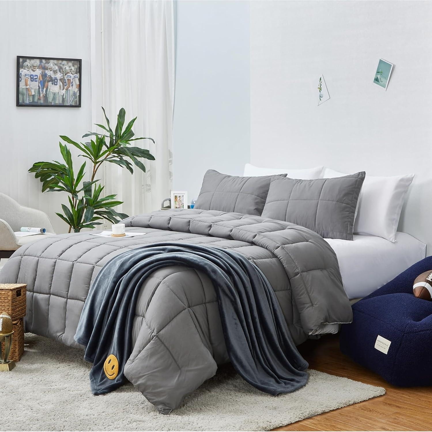 Full/Queen Gray Quilted Box Stitch Comforter Set with Shams