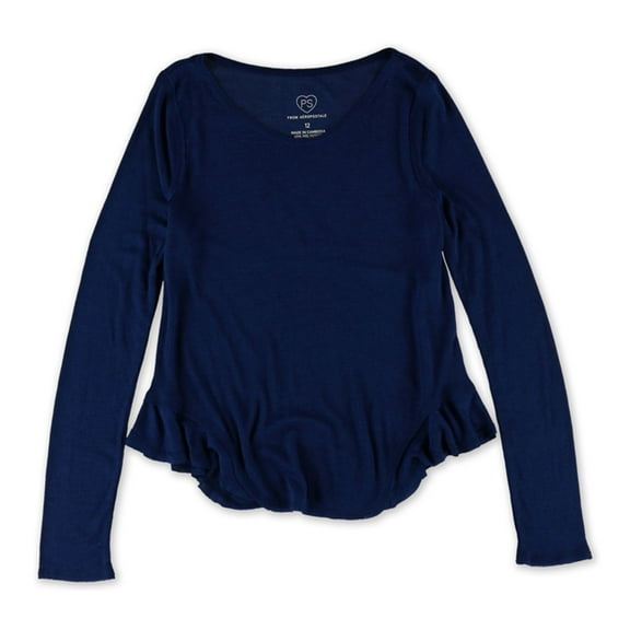 Aeropostale Girls Ribbed Flutter-Hem Basic T-Shirt, Blue, Big Kids (8-20), 14