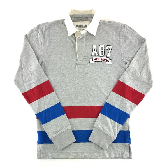 Aeropostale Mens Long Sleeve Polo Shirt Gray X-Large