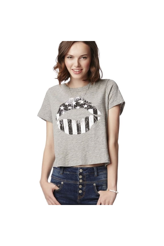 Aeropostale Womens American Kiss Boxy Graphic T-Shirt, Grey, Juniors, Medium