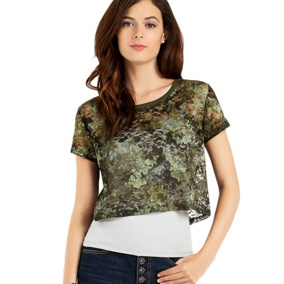 Womens Camo Lace Graphic T-Shirt, Green, Juniors, Small