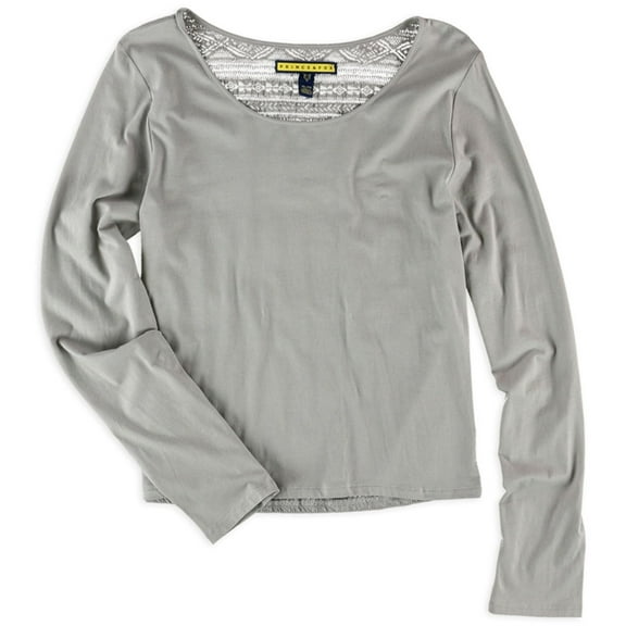 Aeropostale Womens Crochet Back LS Embellished T-Shirt, Grey, Juniors, X-Small