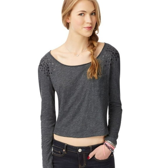 Aeropostale Womens Fabric Trinket Ls Embellished T-Shirt, Black, Juniors, Small